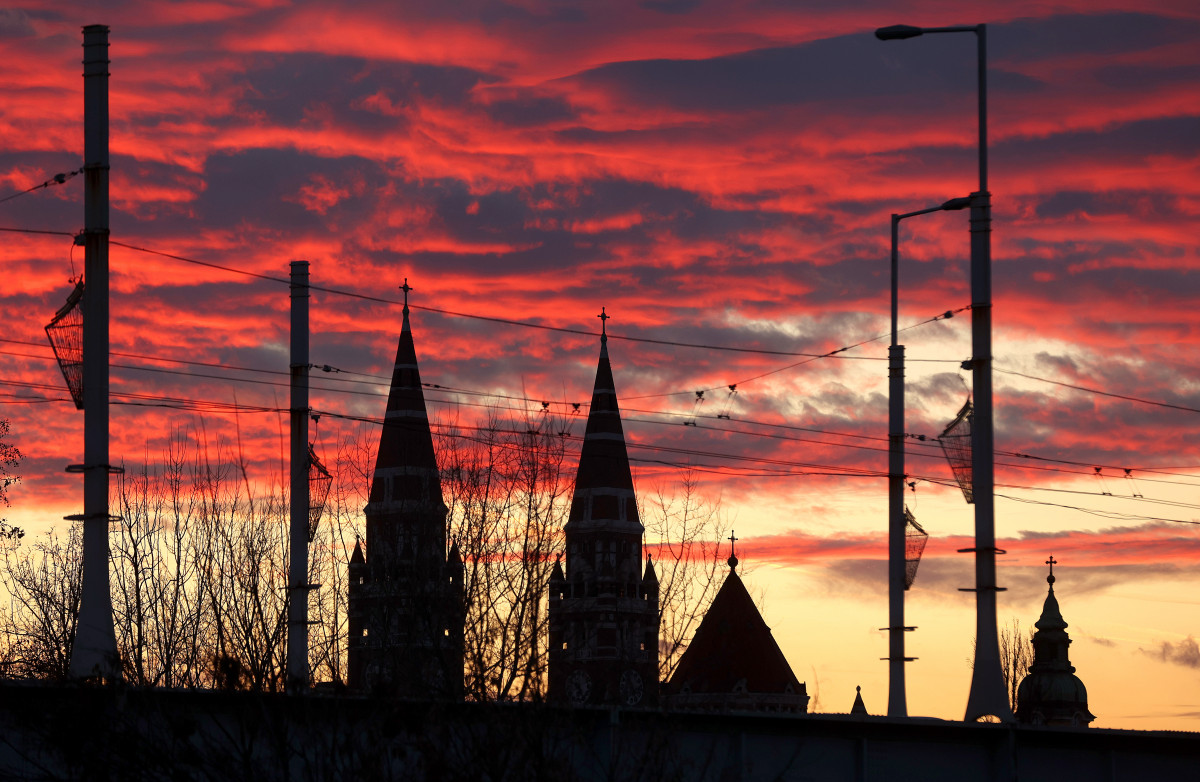 Szeged, naplemente, Tisza, folyó, dóm, belváros